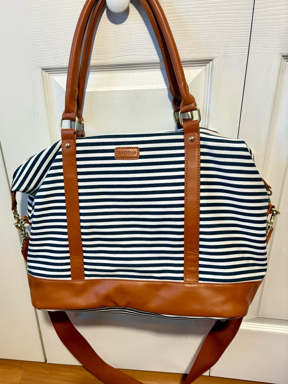 Navy & White Striped Tote with Tan Trim